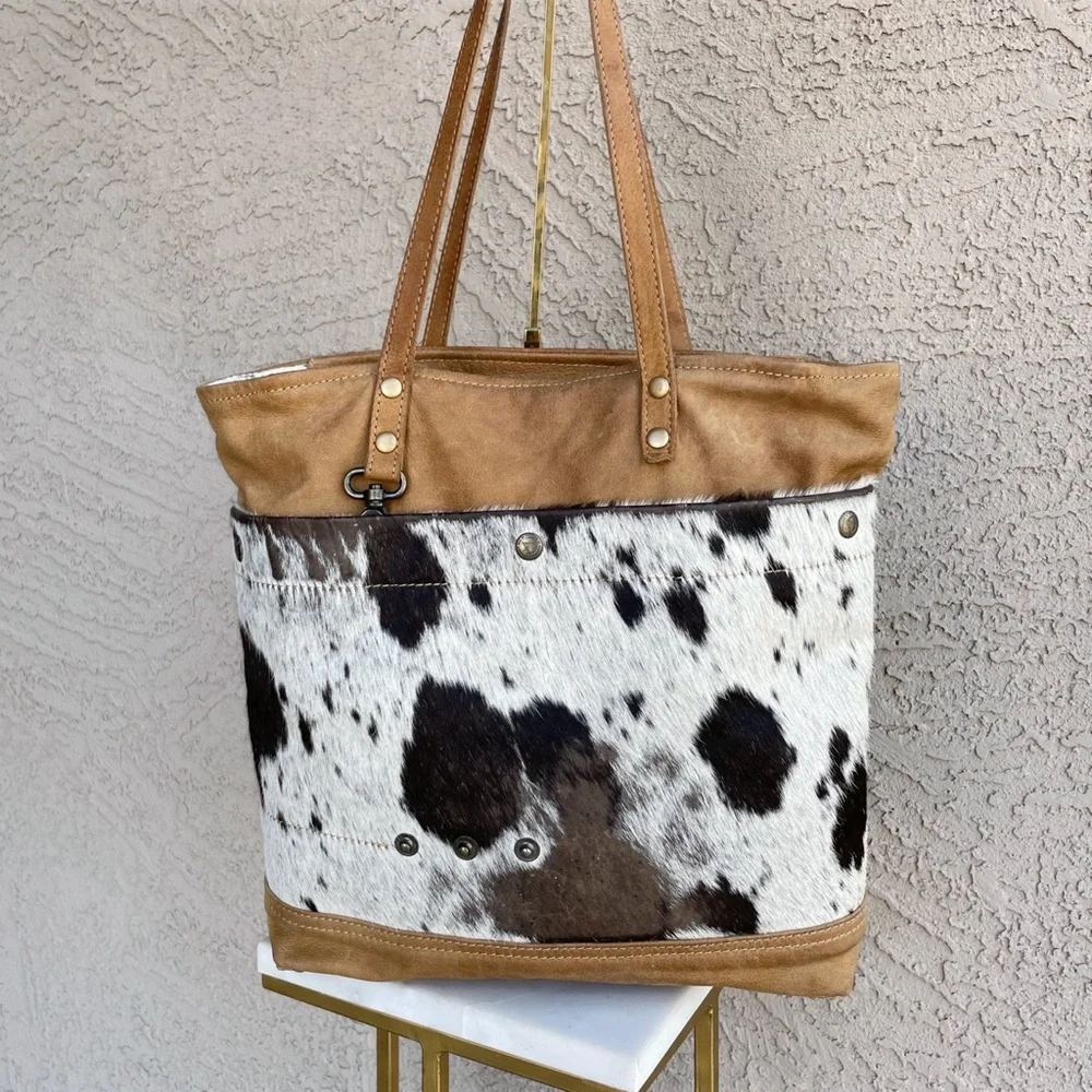 MYRA BAG Tan White Brown Cowhide Cow Print Calf Hair Genuine Leather Tote Bag